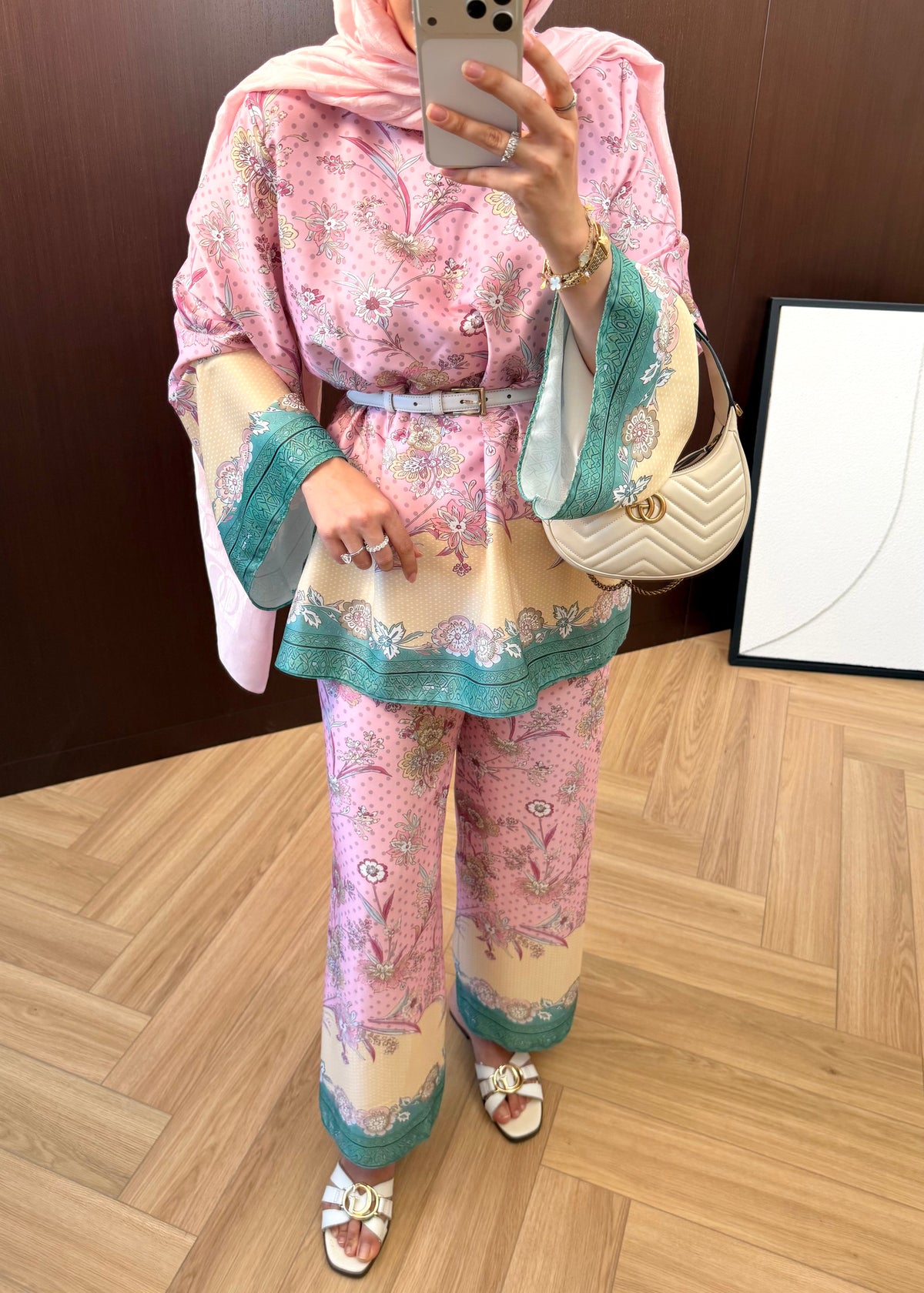 Printed satin Wide sleeve blouse with waistband wide leg trouser co-ord set