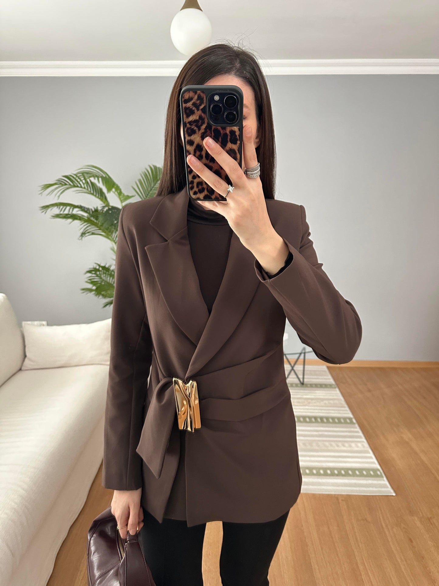 fitted waist a golden buckle detail double-breasted blazer  front fastening with a hidden snap button and tie -  brown