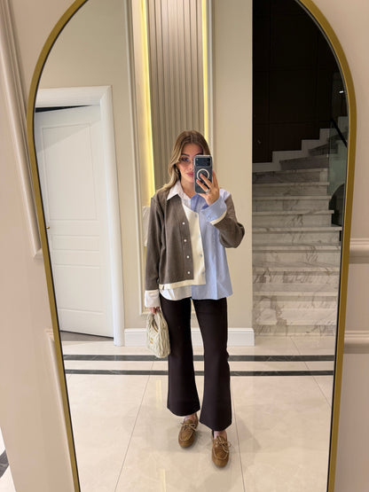 Knitted Detail Shirt  - Mocha Brown