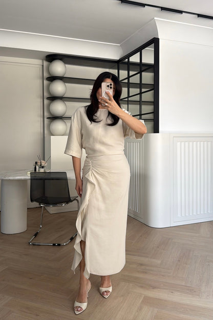 Zr model morley dress with side ruffle details
