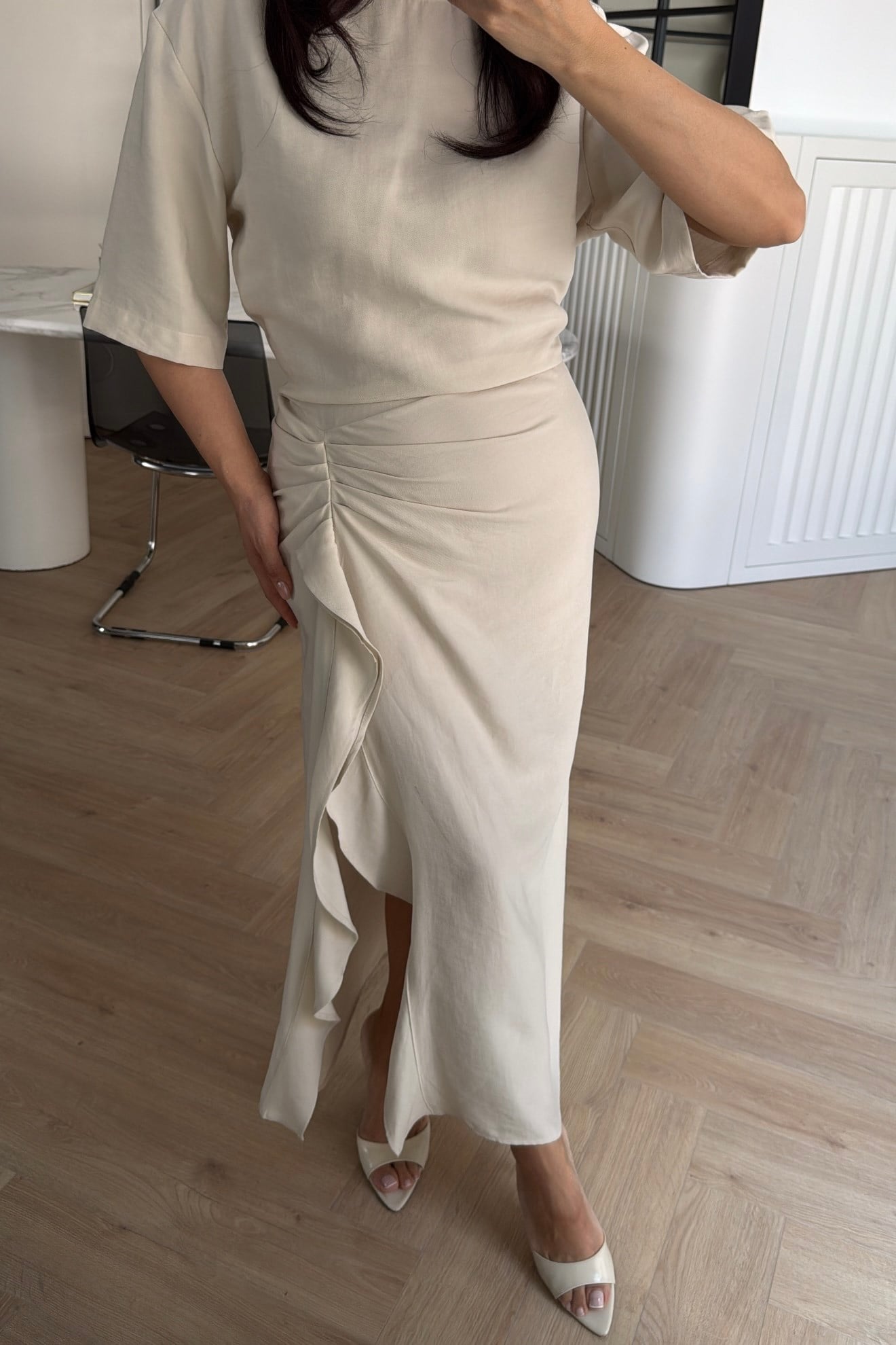 Zr model morley dress with side ruffle details