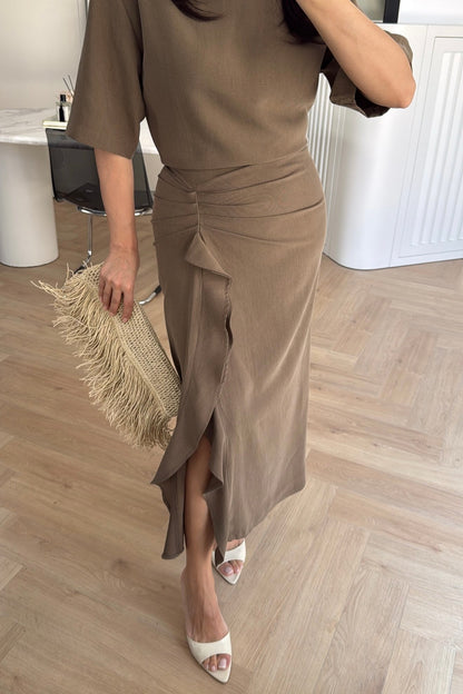 Zr model morley dress with side ruffle details