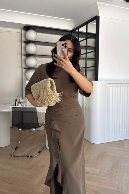 Zr model morley dress with side ruffle details