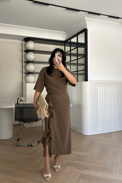 Zr model morley dress with side ruffle details