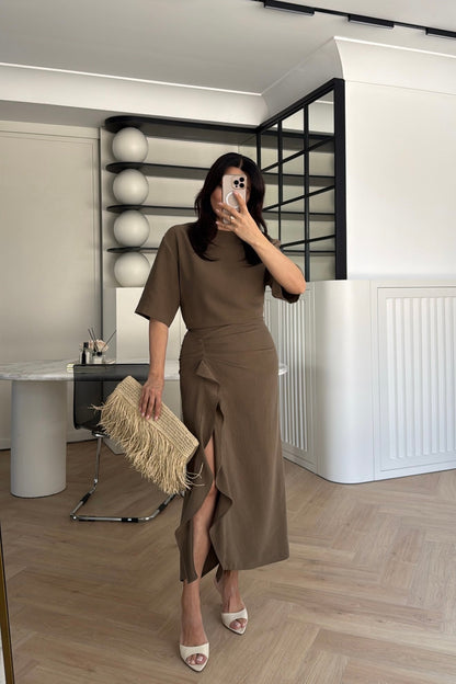 Zr model morley dress with side ruffle details