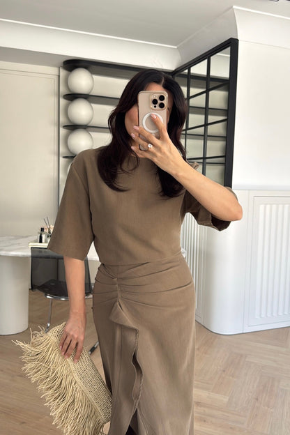 Zr model morley dress with side ruffle details