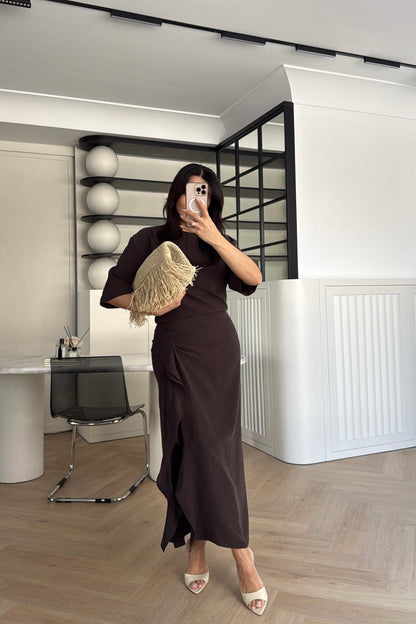 Zr model morley dress with side ruffle details