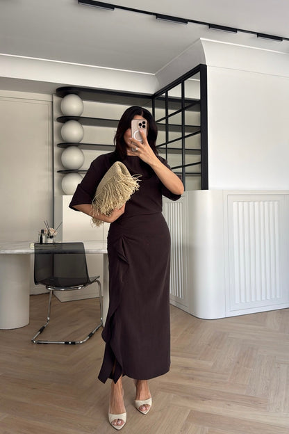 Zr model morley dress with side ruffle details
