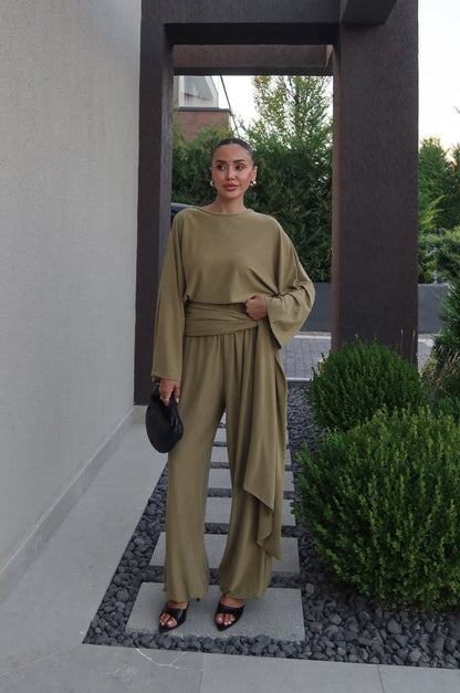 FLOWING WAISTBAND BLOUSE AND TROUSER SET WITH SHAWL DETAIL - OLIVE GREEN