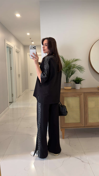 Black Denim Tracksuit with Sequin Trim