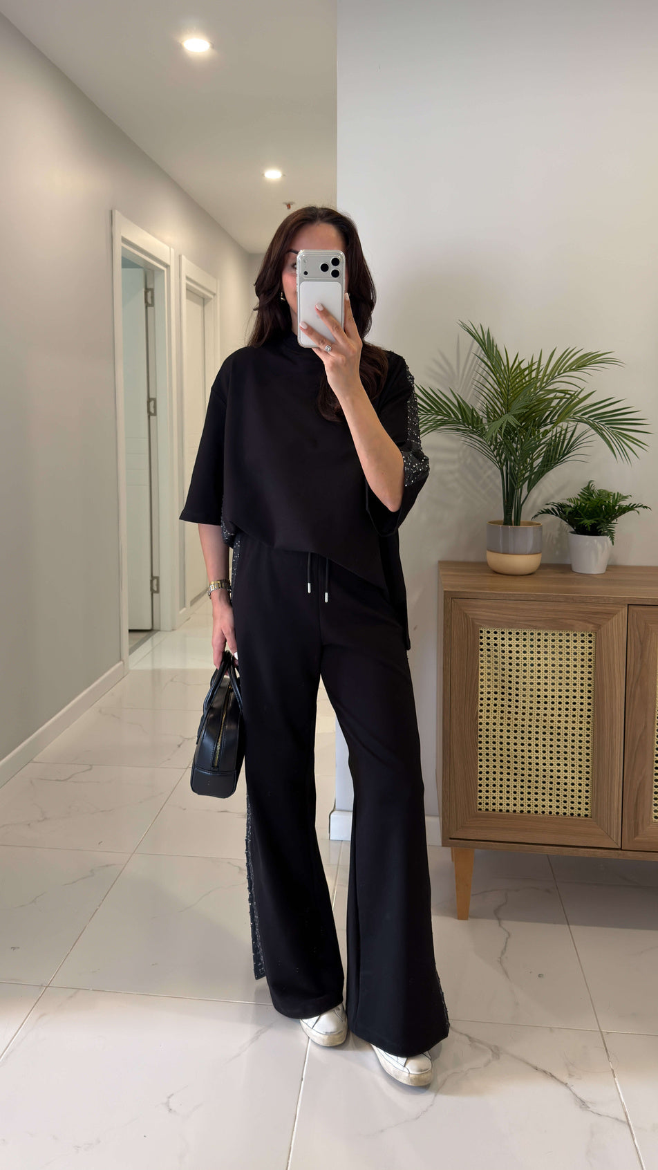 Black Denim Tracksuit with Sequin Trim