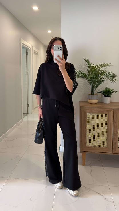 Black Denim Tracksuit with Sequin Trim
