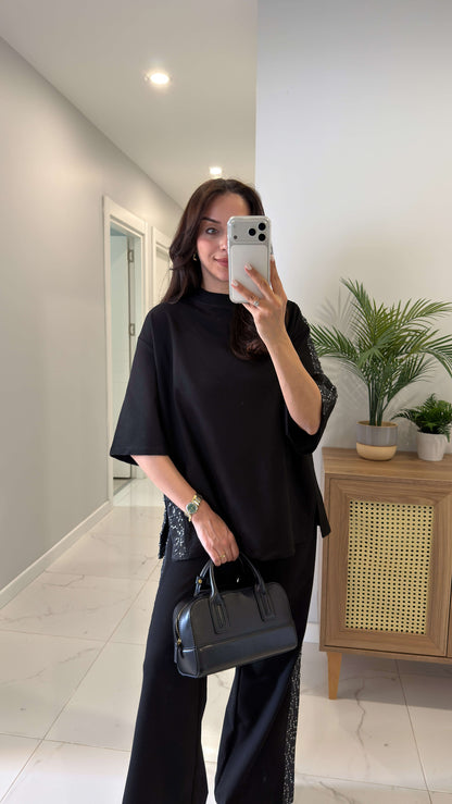 Black Denim Tracksuit with Sequin Trim