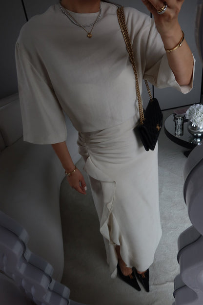 Zr model morley dress with side ruffle details