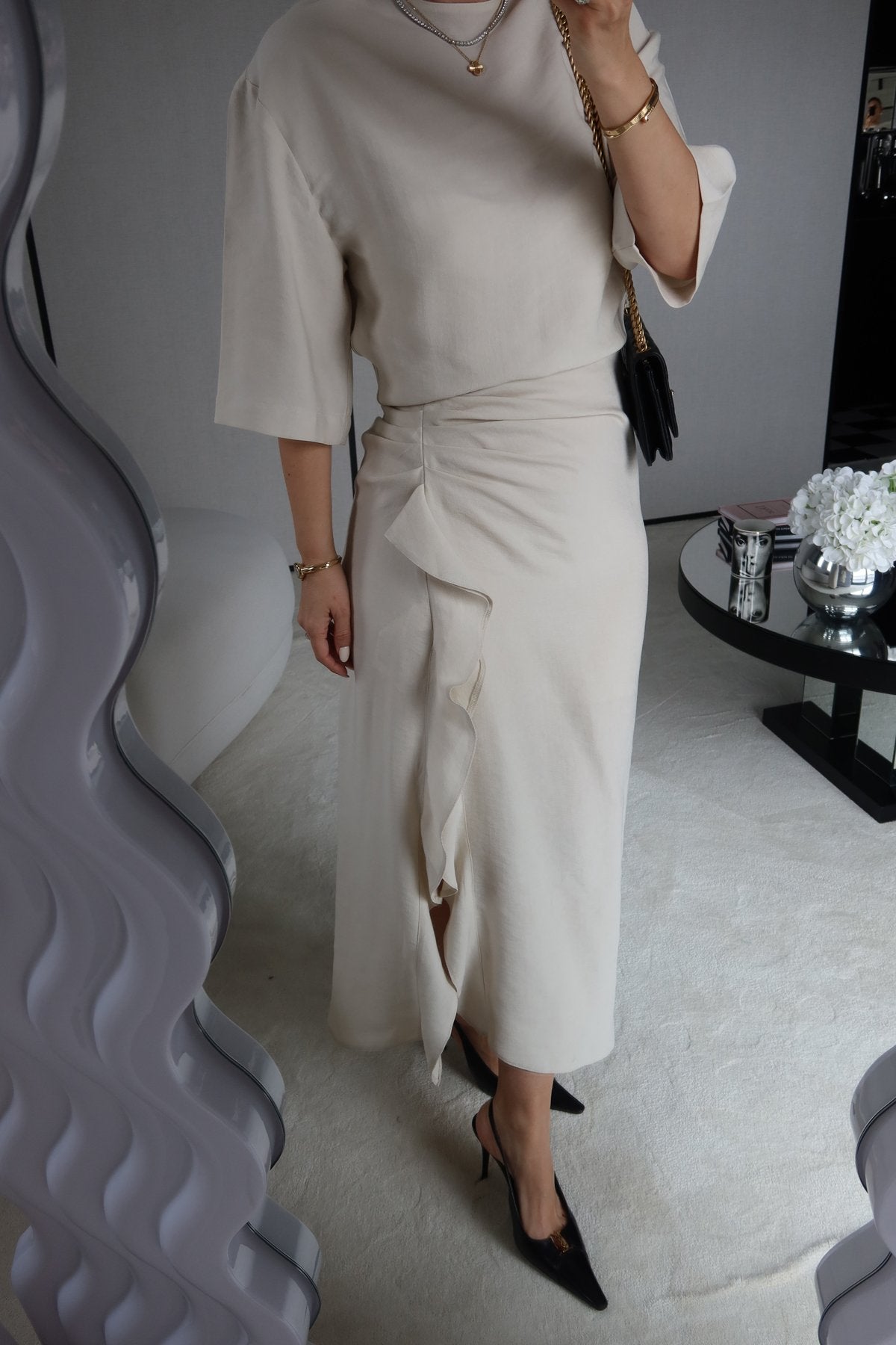 Zr model morley dress with side ruffle details