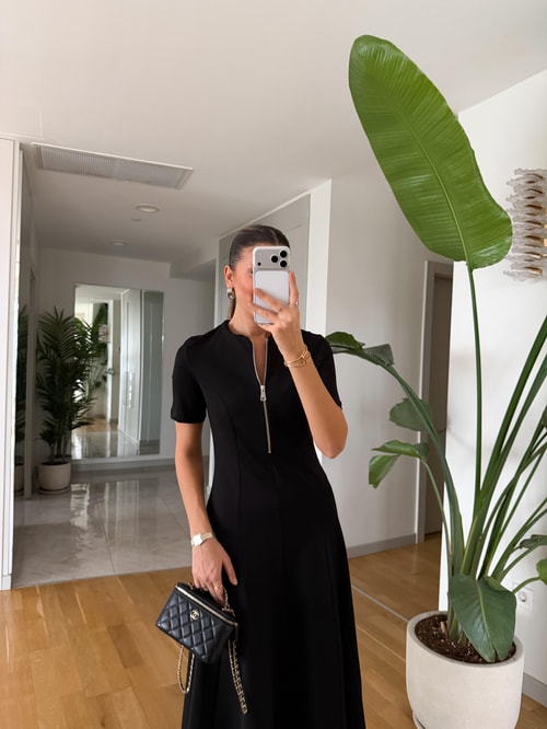 Half Zipper short sleeve dress- black