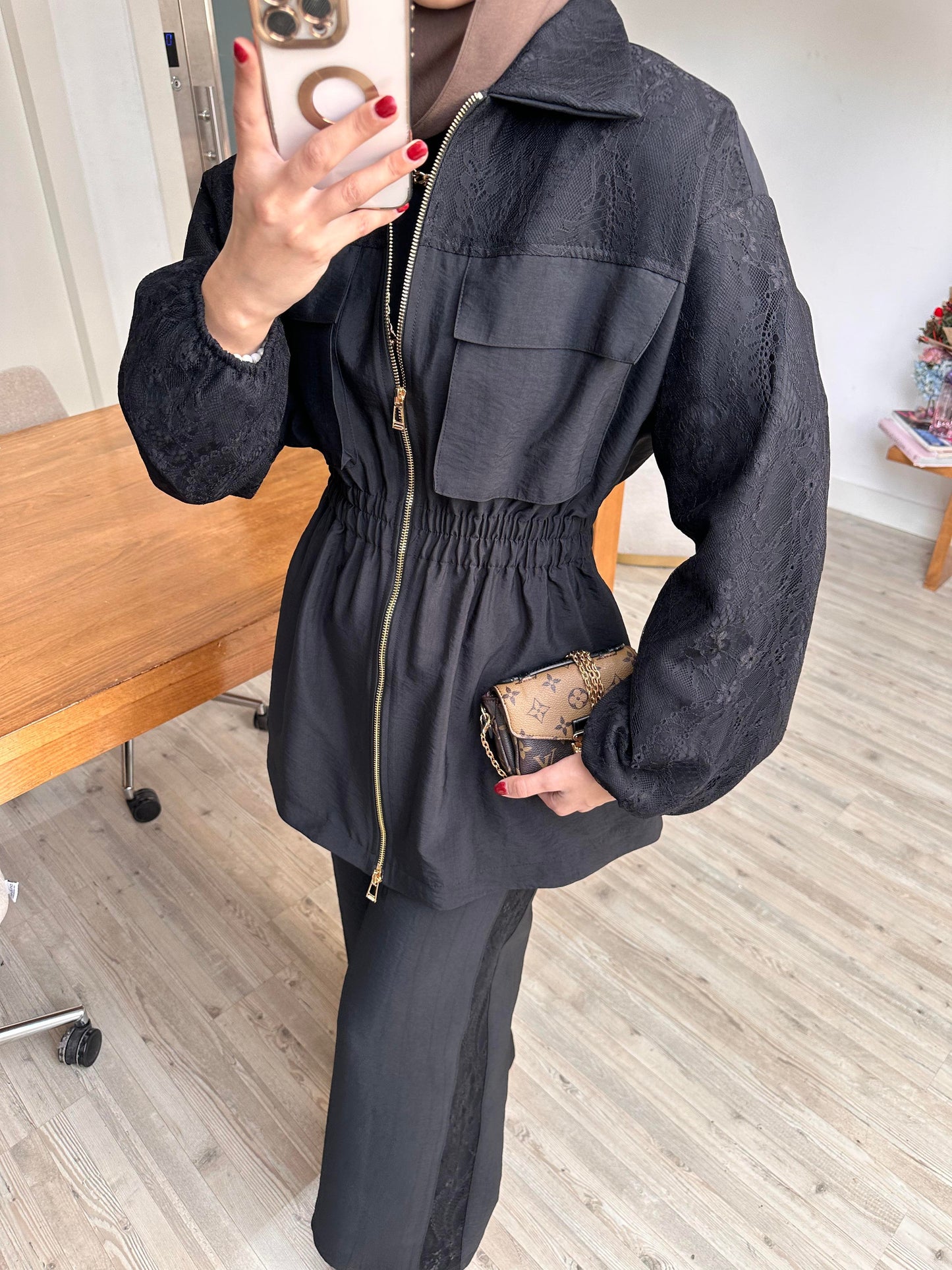 Gold zipper jacket with lace details co-ord set -black