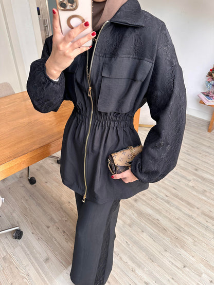 Gold zipper jacket with lace details co-ord set -black