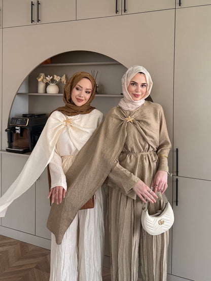 Khaki starfish brooch cape detail muslin trouser set