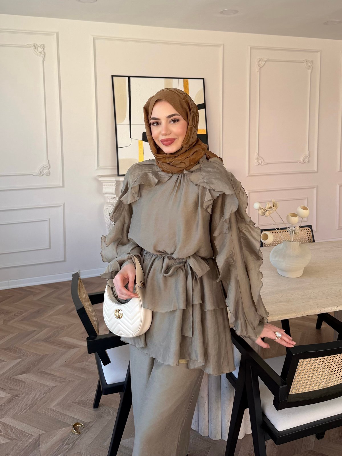 Luna Ruffle Modest Co-ord Set – olive green