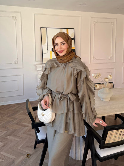 Luna Ruffle Modest Co-ord Set – olive green