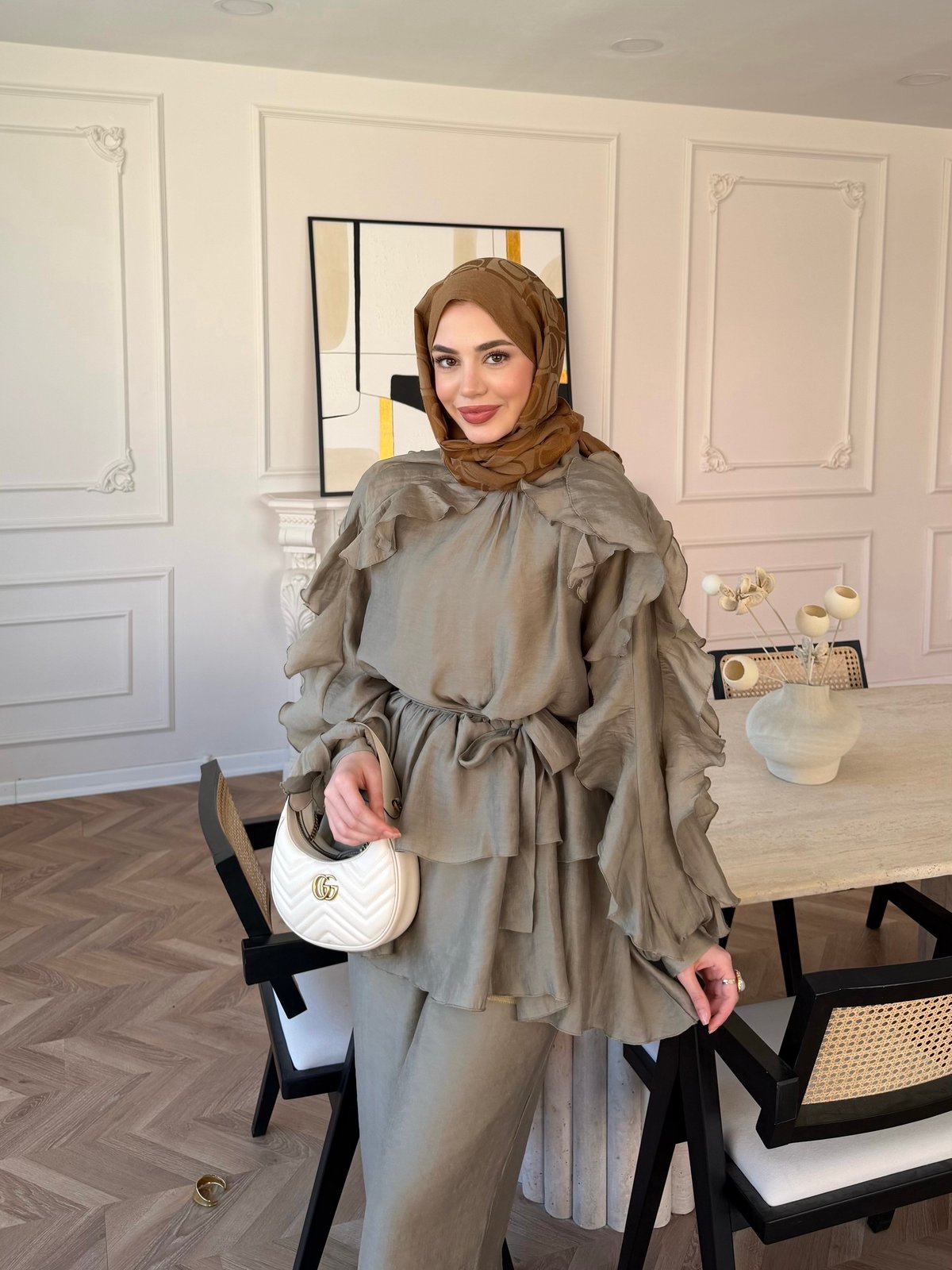 Luna Ruffle Modest Co-ord Set – olive green