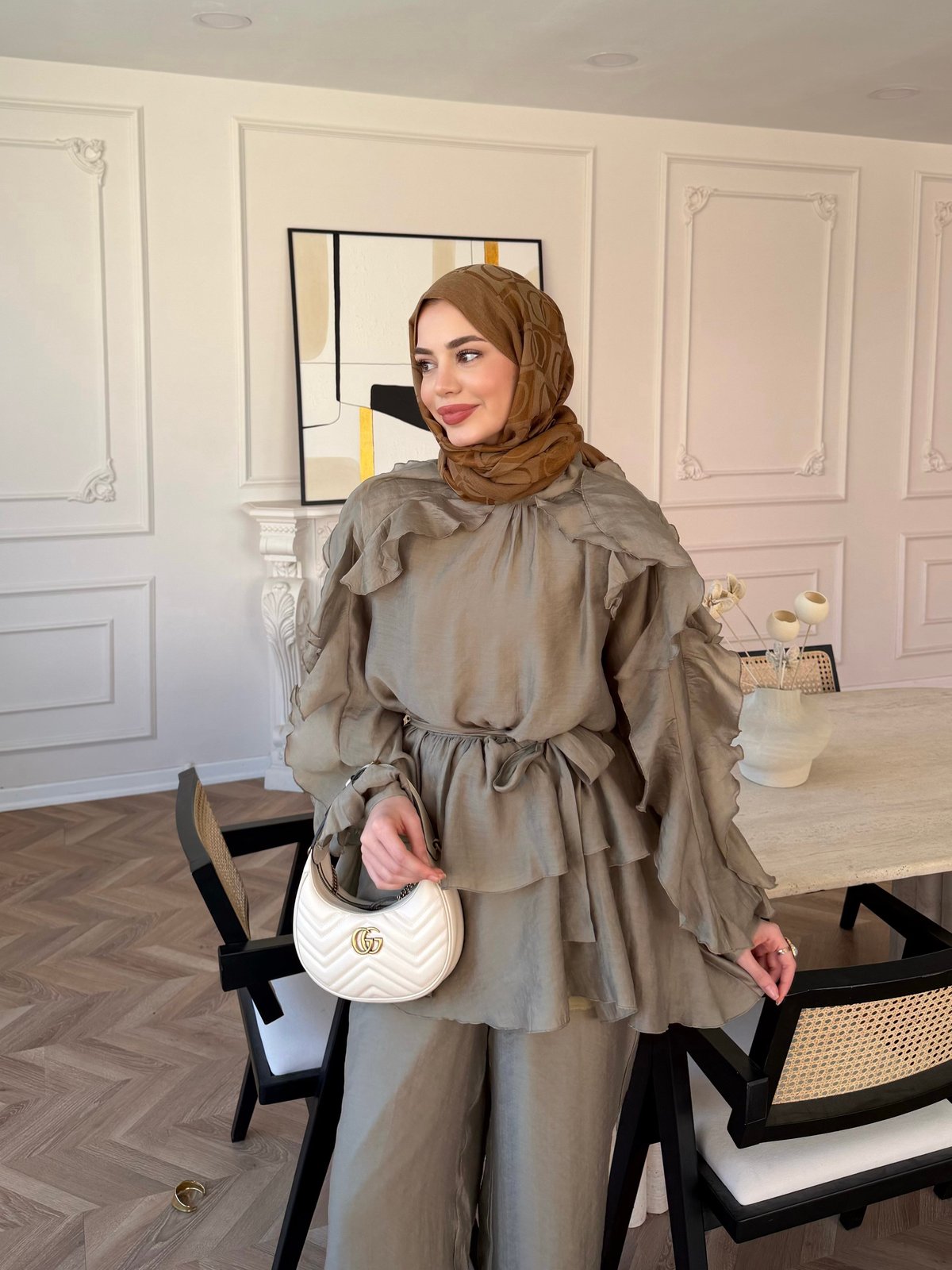 Luna Ruffle Modest Co-ord Set – olive green