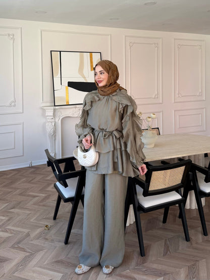 Luna Ruffle Modest Co-ord Set – olive green