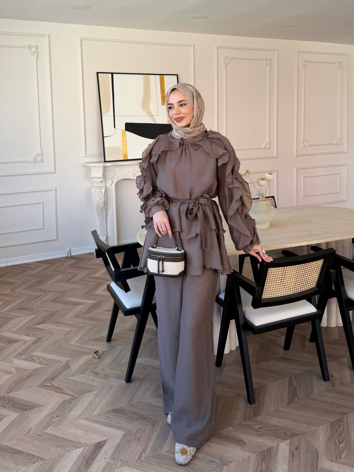 Luna Ruffle Modest Co-ord Set – Mocha Taupe