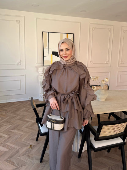 Luna Ruffle Modest Co-ord Set – Mocha Taupe