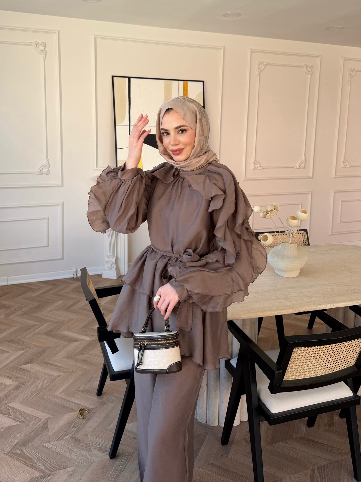 Luna Ruffle Modest Co-ord Set – Mocha Taupe