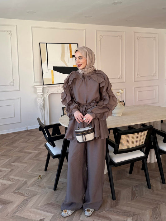 Luna Ruffle Modest Co-ord Set – Mocha Taupe