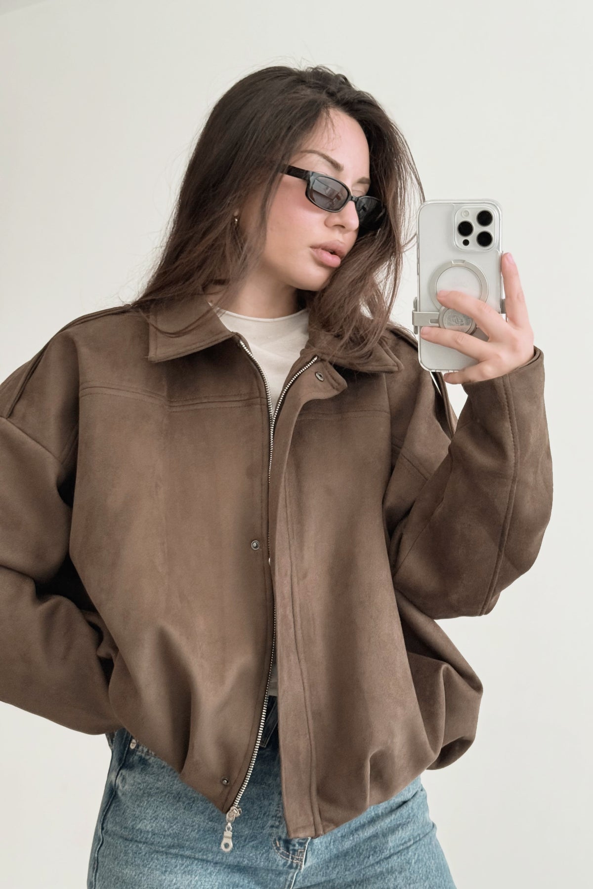 Zr model faux suede bomber jacket