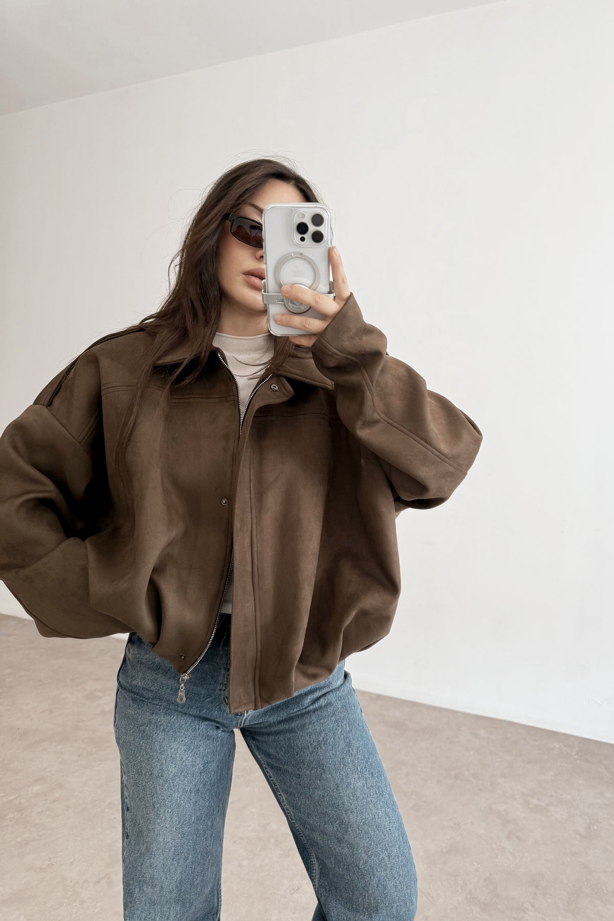Zr model faux suede bomber jacket
